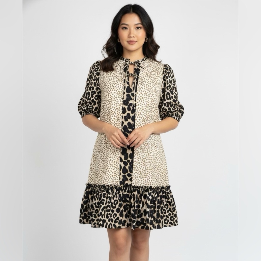 NWT Garrie B Women’s Animal Print Two-toned Puff Sleeves Casual Dress Sz S
